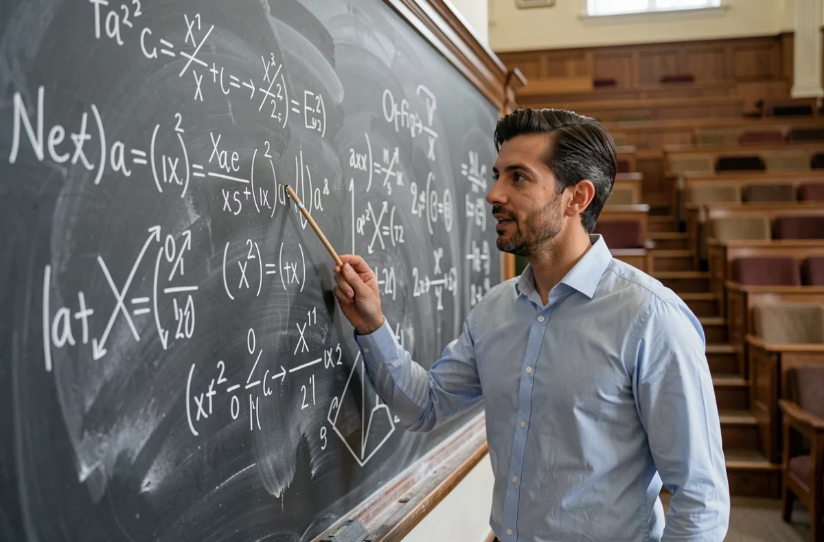 Professeur de physique expliquant les formules de dynamique et les lois de Newton devant un tableau noir rempli d'équations
