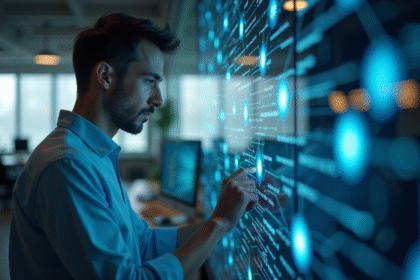 Jeune homme professionnel étudie un panneau blockchain moderne