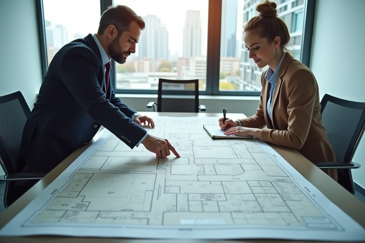 Deux professionnels de l'immobilier analysant une carte topographique lors d'une réunion foncière