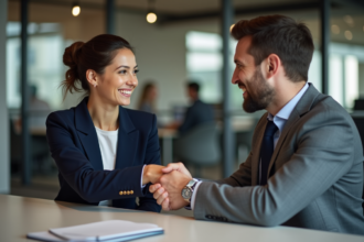 Deux professionnels en réunion se serrant la main avec confiance