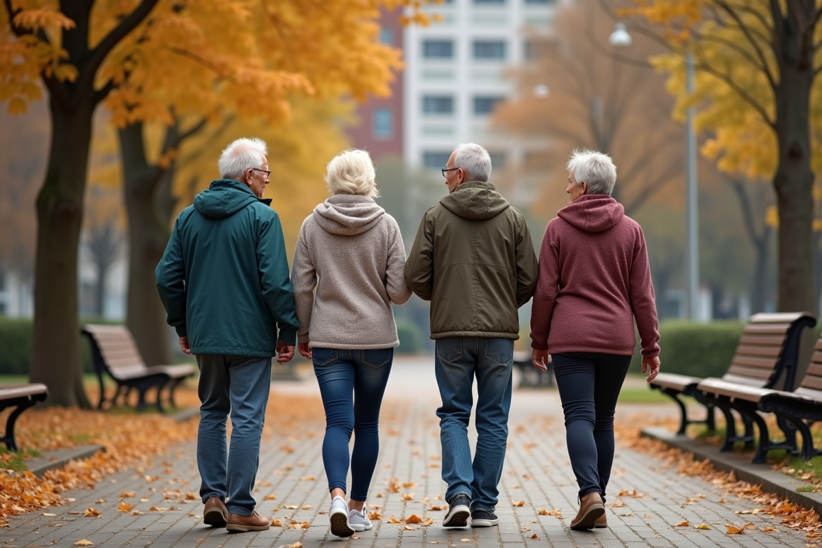 Groupe de personnes âgées marche dans un parc en automne