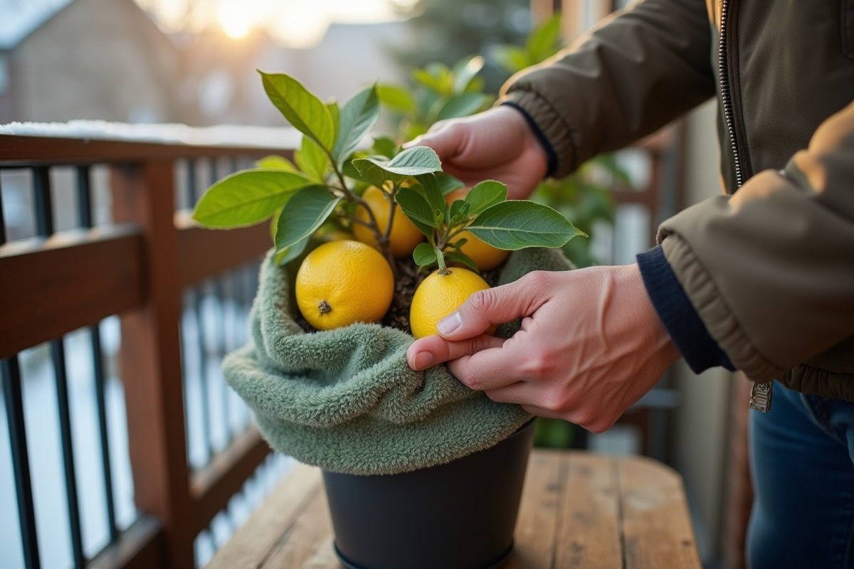 Personne enveloppant un citronnier en pot avec une couverture en hiver