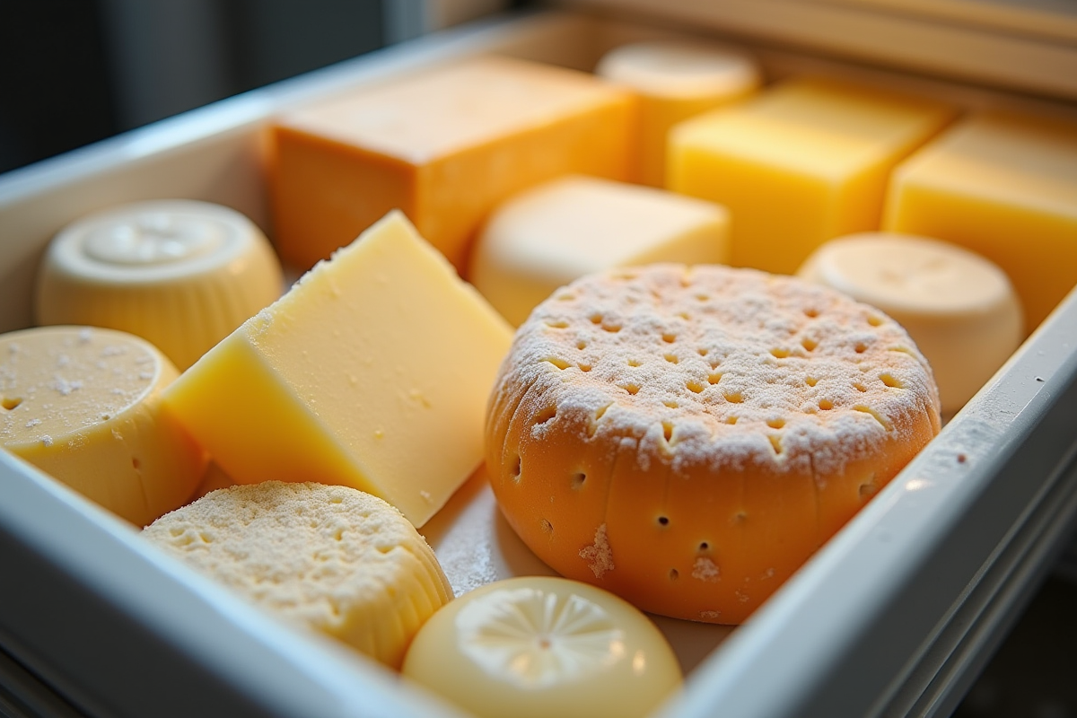 Tiroir de congélateur rempli de fromages emballés