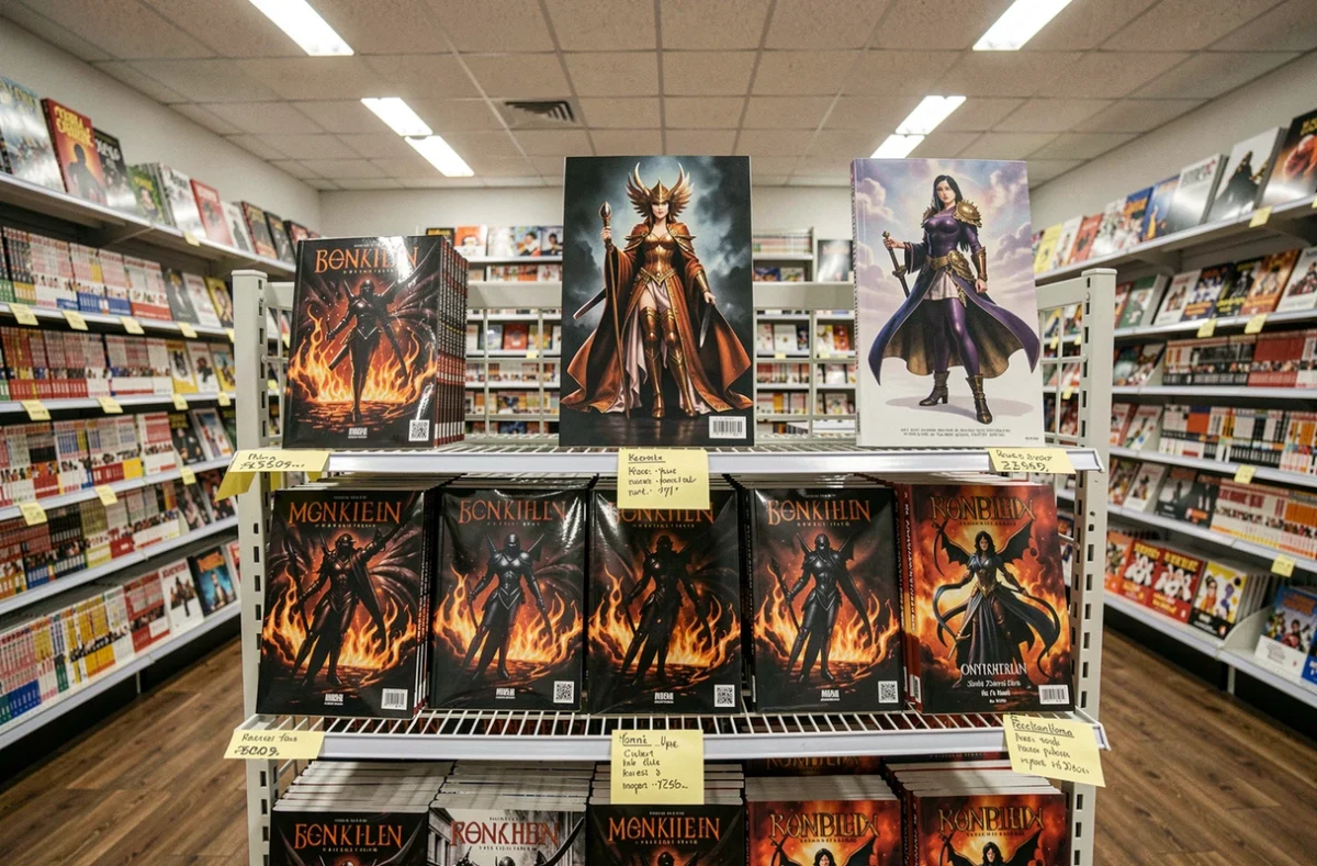 Rayon de librairie présentant des volumes de manga fantasy noirs avec fiches de recommandation en français