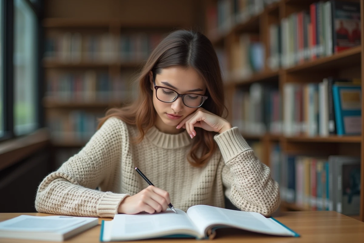 Jeune femme étudiant des articles sur le cancel culture et le wokisme dans une bibliothèque moderne