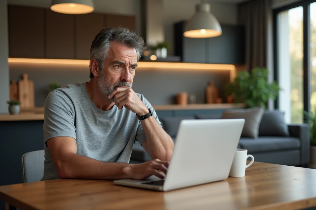 Homme d'âge moyen réfléchissant devant les réseaux sociaux, symbolisant l'impact du cancel culture et du wokisme en ligne