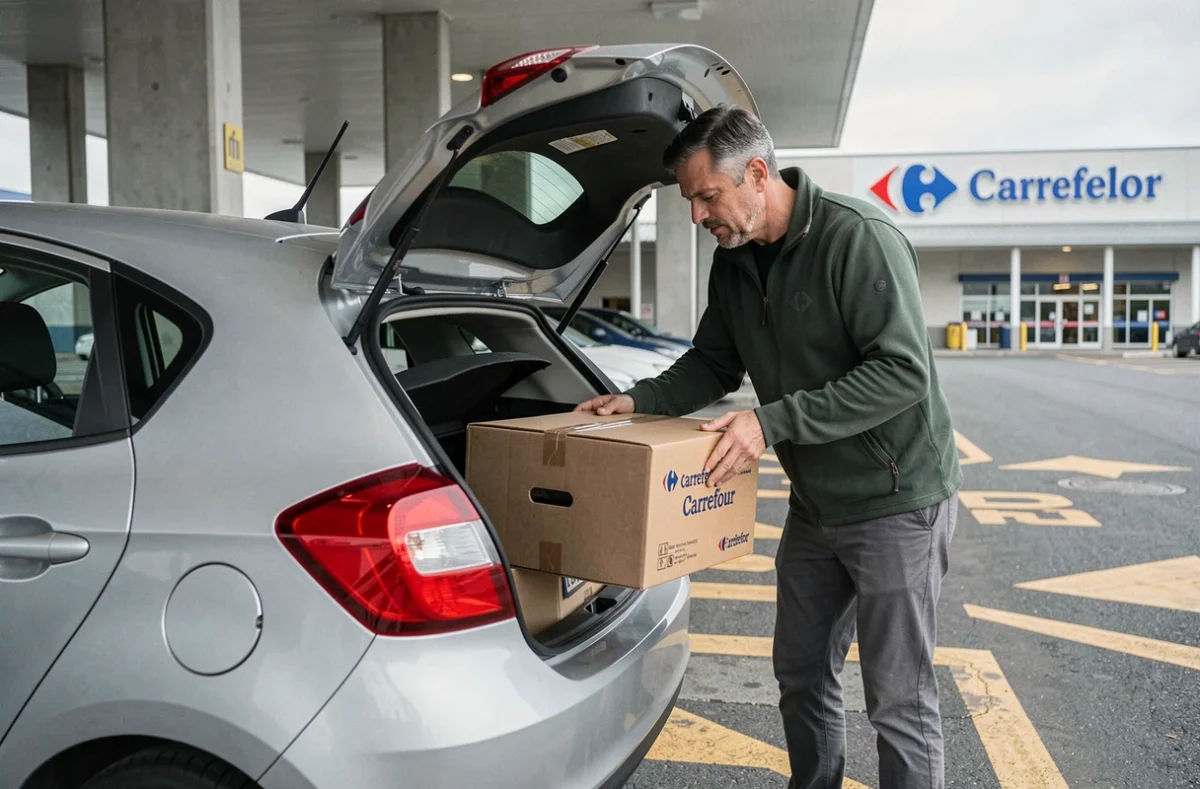 Client chargeant ses courses commandées en drive Carrefour dans le coffre de sa voiture