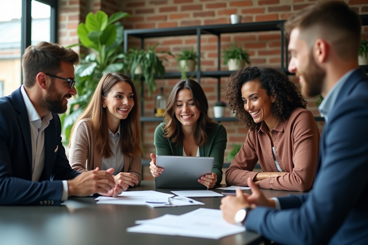 Groupe de professionnels en discussion dans un espace de coworking