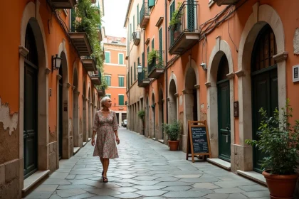 Ruelle pavée d'une ville italienne historique avec façades ocre et volets en bois, femme en robe fleurie marchant devant une trattoria