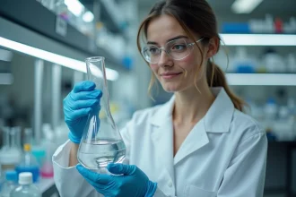 Scientifique en laboratoire tenant un bécher d'eau ultra-pure lors d'un processus de purification hydrodynamique