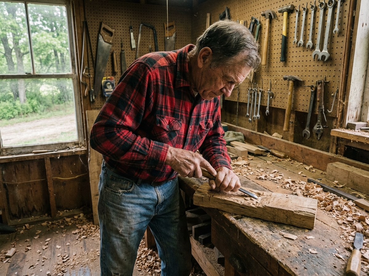 Homme âgé sculptant du bois dans son atelier rural