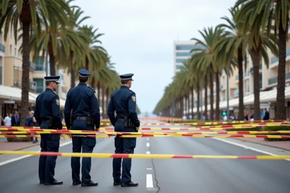 Périmètre de sécurité établi par la police française sur la Croisette à Cannes lors d'un incident majeur