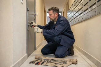 Serrurier professionnel intervenant devant une porte d'appartement dans un immeuble des Hauts-de-Seine
