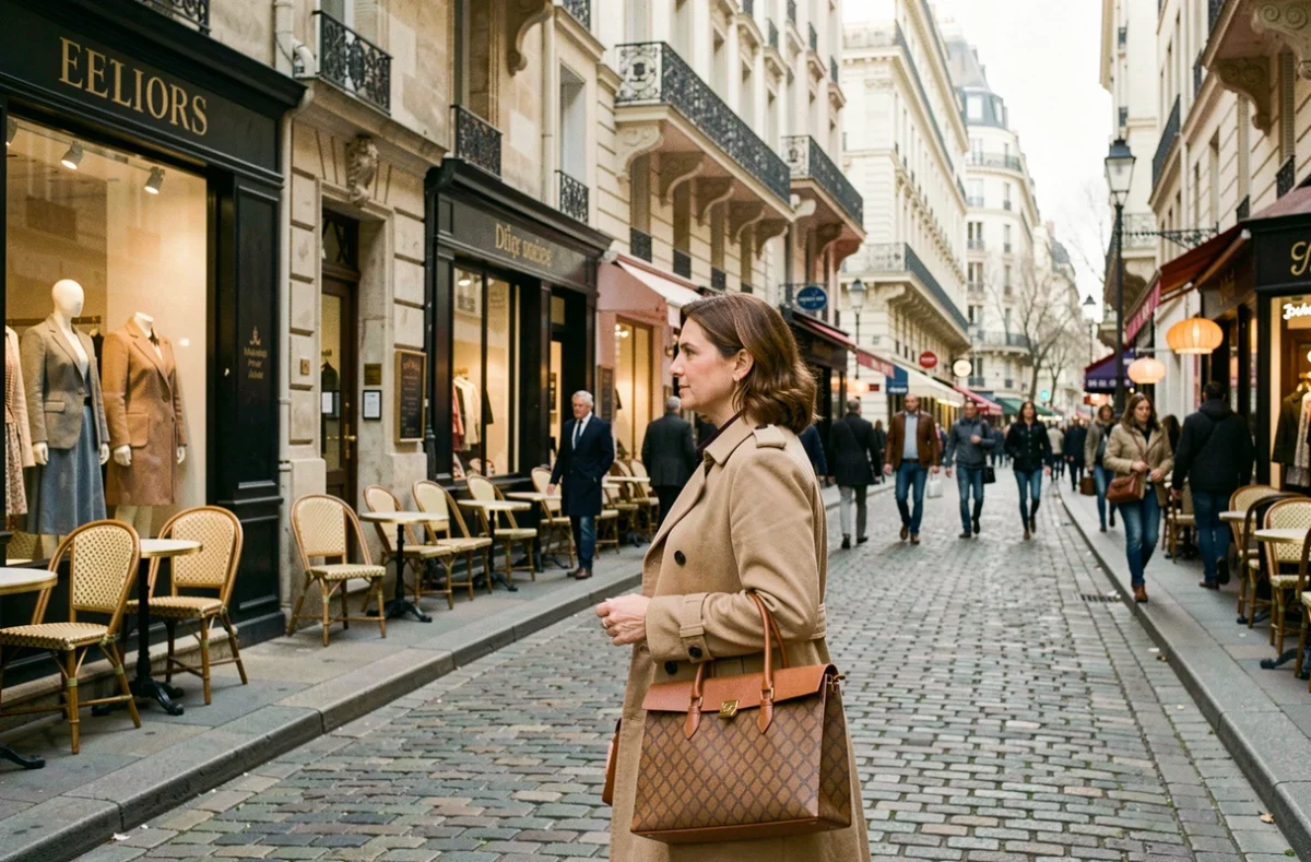 Femme faisant du shopping dans une rue commerçante animée du quartier Saint-Germain-des-Prés proche de Montparnasse à Paris