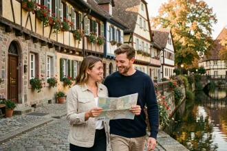 Couple se promenant dans les ruelles pavées de la Petite France à Strasbourg en Alsace lors d'une sortie de dernière minute