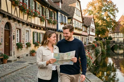 Couple se promenant dans les ruelles pavées de la Petite France à Strasbourg en Alsace lors d'une sortie de dernière minute