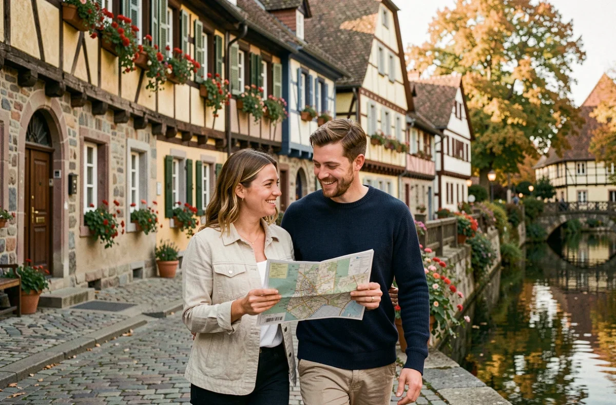 Couple se promenant dans les ruelles pavées de la Petite France à Strasbourg en Alsace lors d'une sortie de dernière minute
