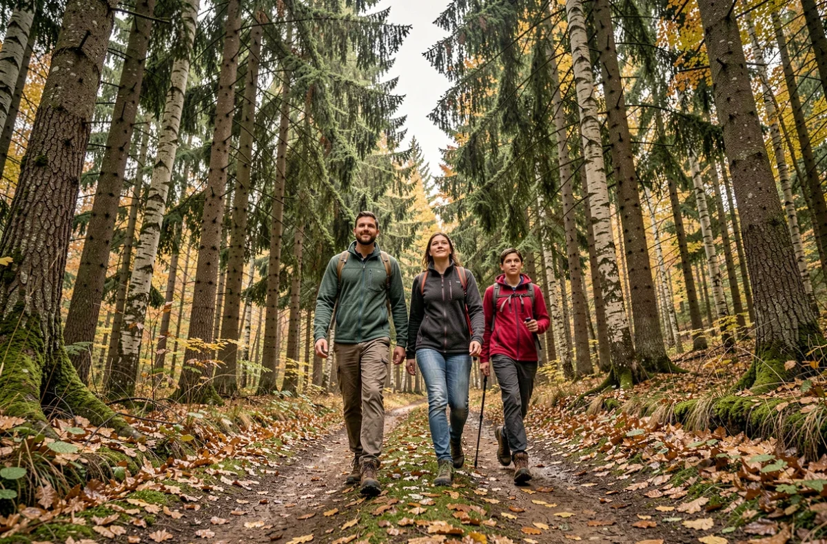 Famille en randonnée sur un sentier forestier des Vosges alsaciennes pendant une sortie nature de dernière minute en Alsace