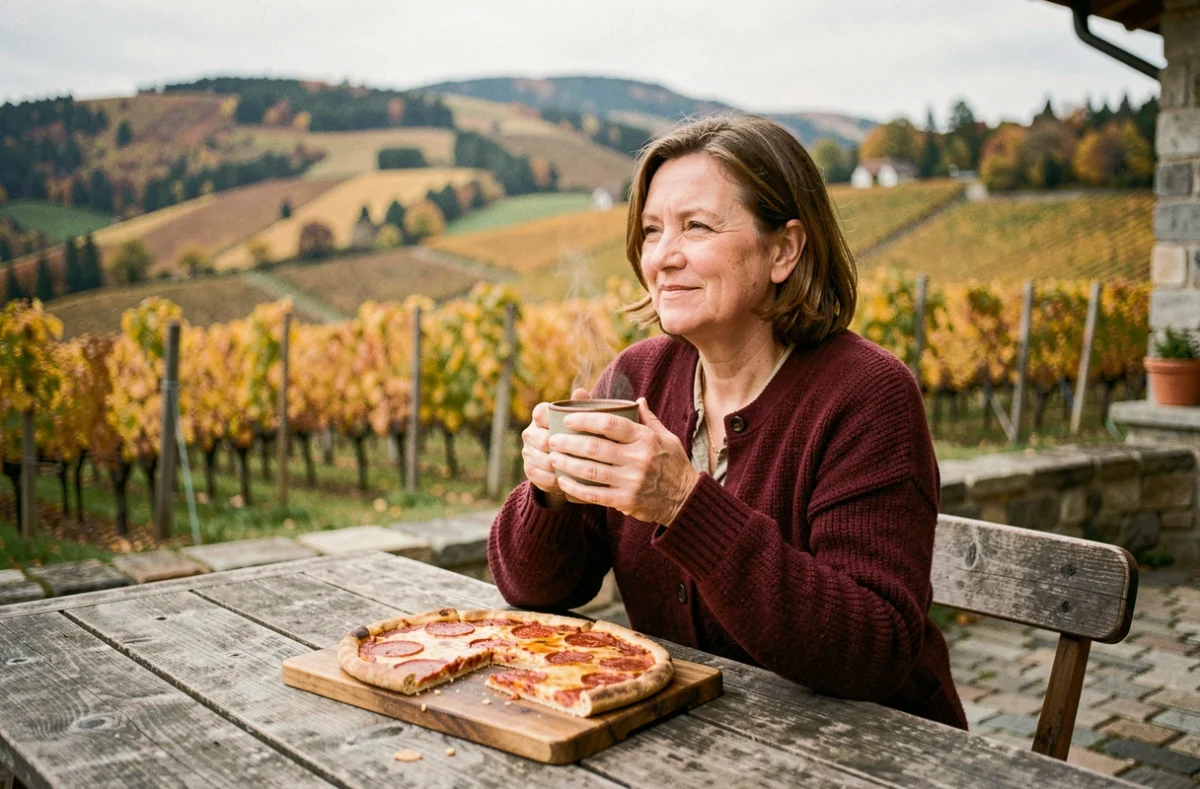 Femme dégustant une tarte flambée en terrasse d'une winstub alsacienne avec vue sur les vignes lors d'une sortie en Alsace