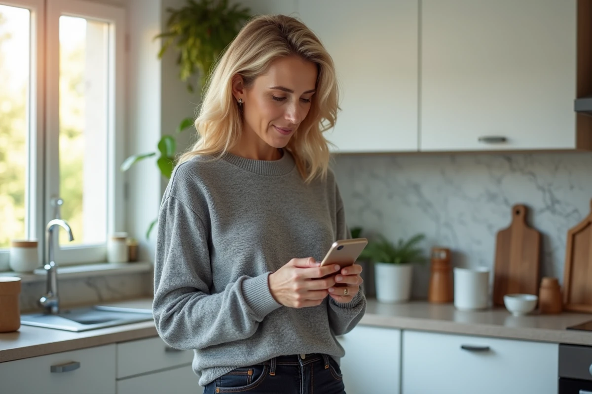 Femme consultant le suivi en ligne d'un colis Colissimo sur son smartphone dans une cuisine moderne le week-end