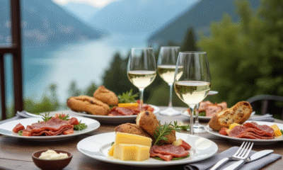 Table extérieure avec plats savoyards et vin blanc