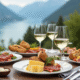 Table extérieure avec plats savoyards et vin blanc