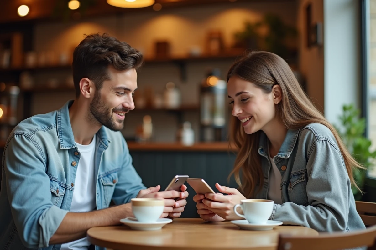 Deux jeunes adultes dans un café français utilisant des applications de tchat anonyme sur leurs smartphones