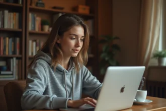 Jeune femme utilisant un tchat anonyme en français sur son ordinateur portable dans un appartement cosy