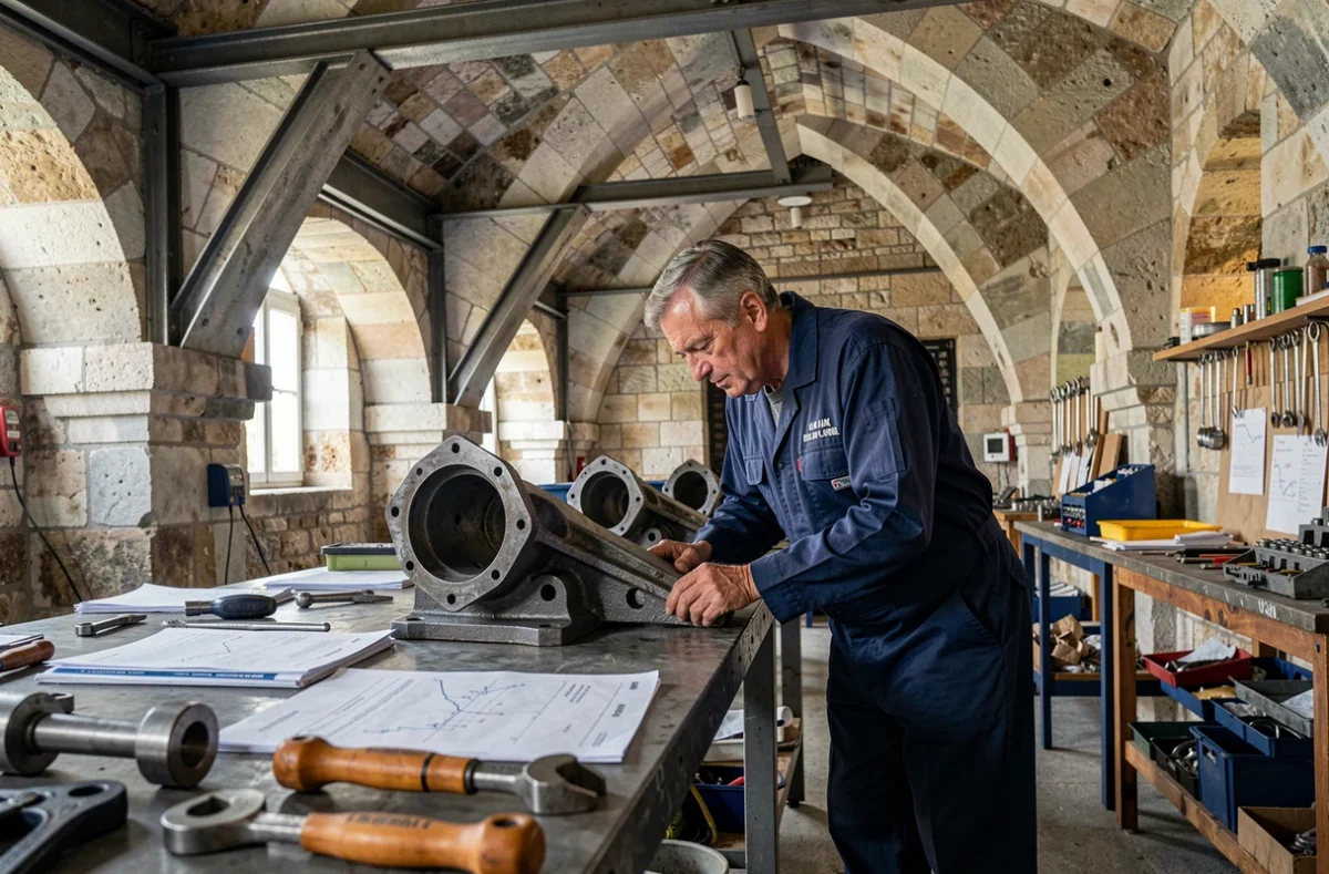 Technicien de la Marine nationale travaillant dans un atelier historique de l'arsenal de Toulon aux voûtes en pierre