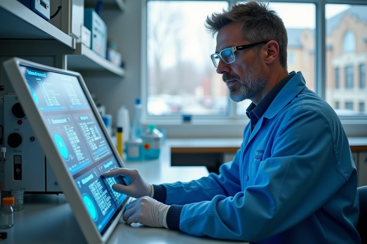 Technicien de laboratoire configurant une unité de purification d'eau ultra-pure via une interface numérique de contrôle