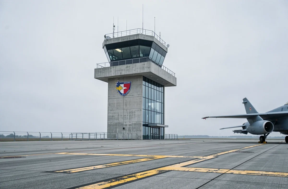 Tour de contrôle d'une base aérienne militaire française avec tarmac et avion militaire en arrière-plan