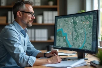 Urbaniste comparant Géoportail et Google Maps sur un écran d'ordinateur dans un bureau de planification foncière