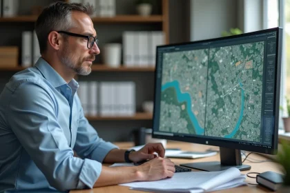 Urbaniste comparant Géoportail et Google Maps sur un écran d'ordinateur dans un bureau de planification foncière