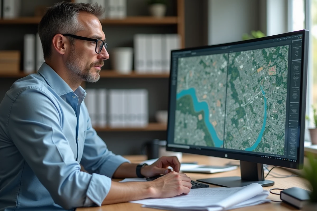 Urbaniste comparant Géoportail et Google Maps sur un écran d'ordinateur dans un bureau de planification foncière