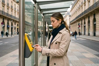 Femme utilisant sa carte de transport pour valider un trajet dans un arrêt de tramway de Bordeaux