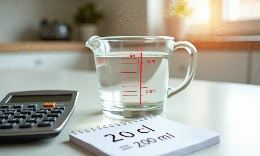Verre mesureur rempli à 20 cl sur un plan de cuisine lumineux