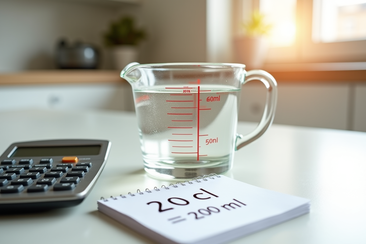 Verre mesureur rempli à 20 cl sur un plan de cuisine lumineux