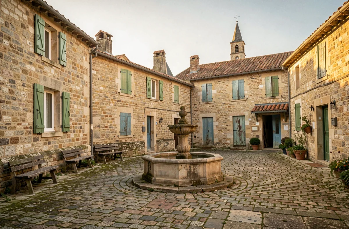 Village rural français avec place en pierre, fontaine et clocher d'église, atmosphère authentique du terroir français