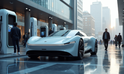 Voiture hydrogene futuriste en charge en ville