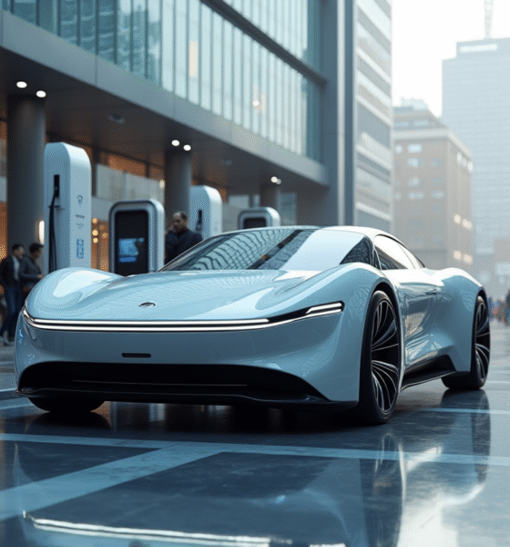 Voiture hydrogene futuriste en charge en ville