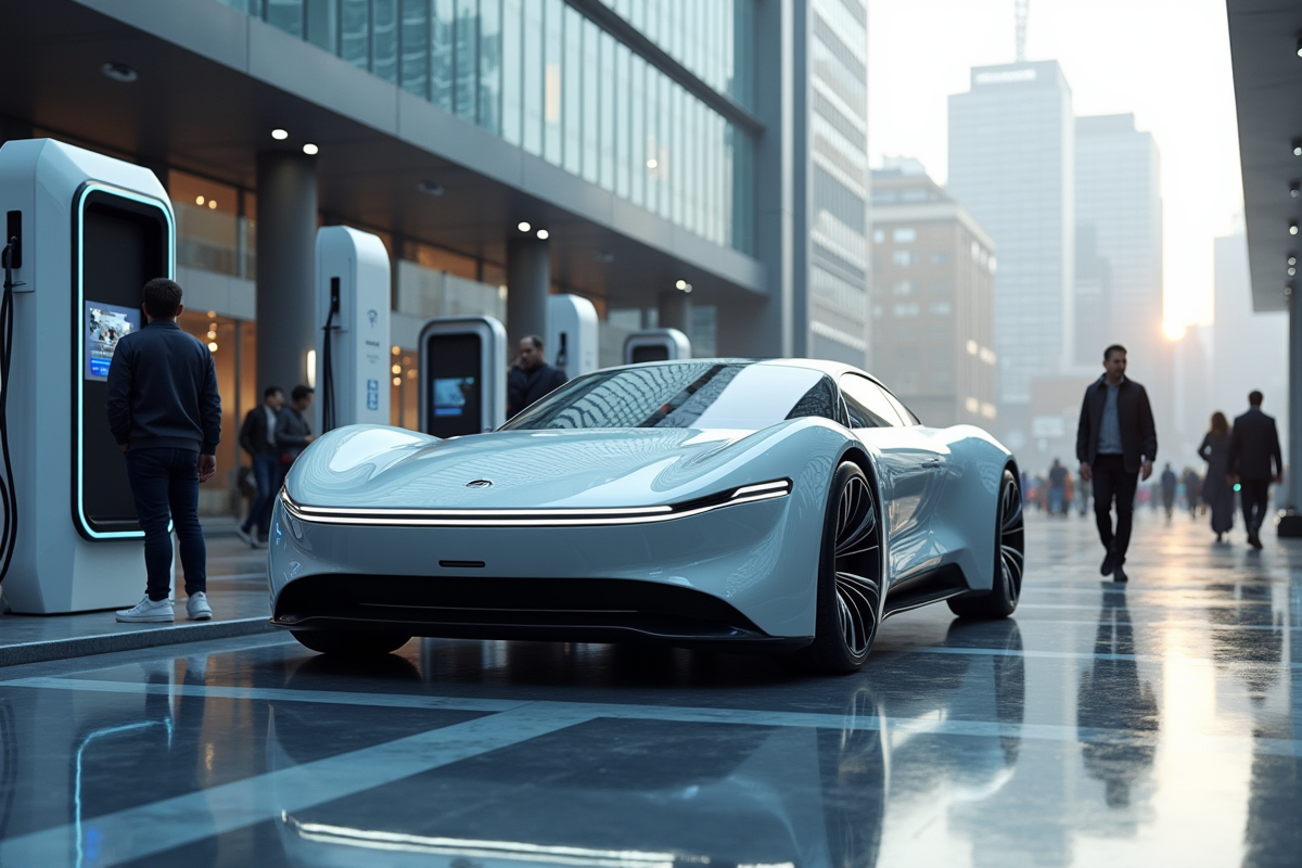 Voiture hydrogene futuriste en charge en ville