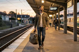 Voyageur sur un quai de gare en fin de journée