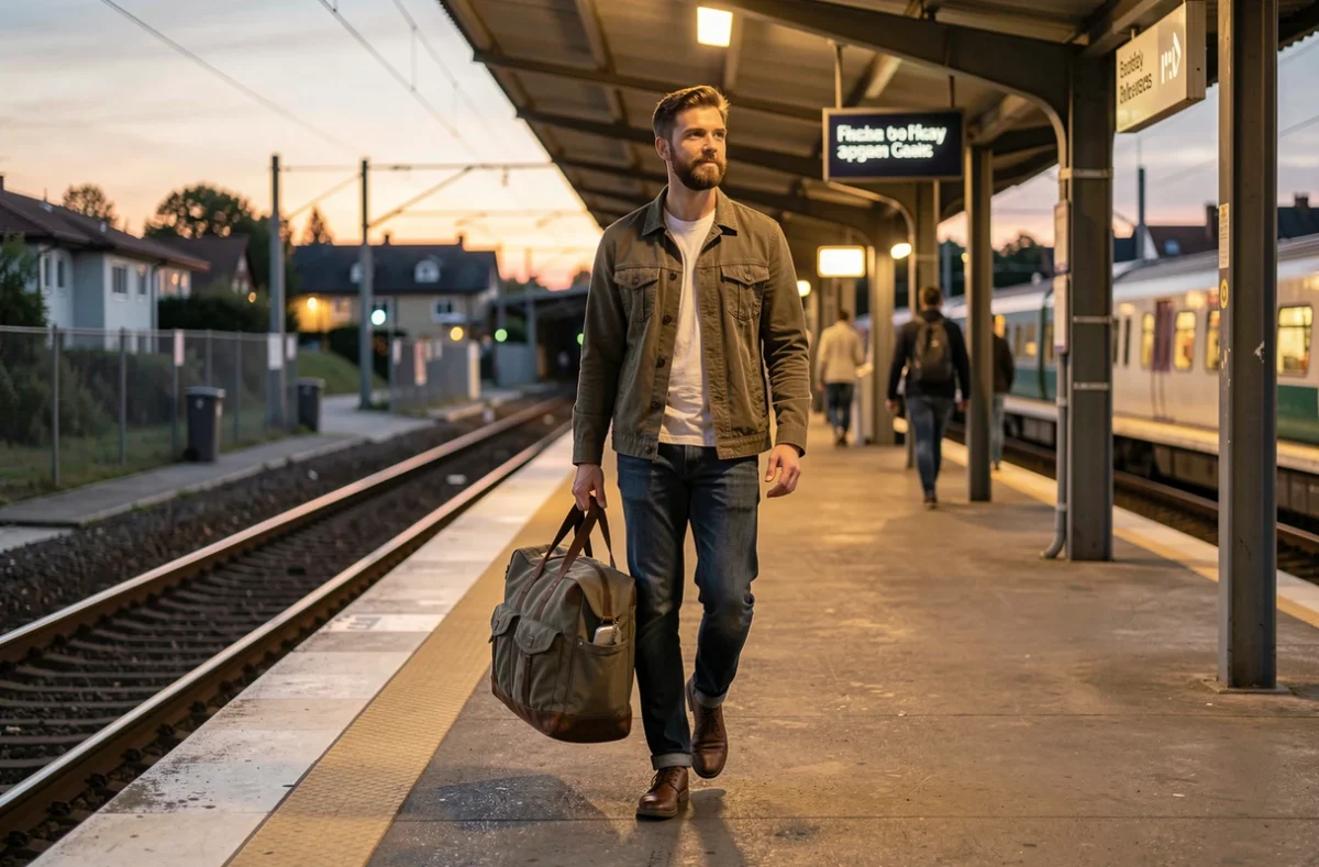 Voyageur sur un quai de gare en fin de journée
