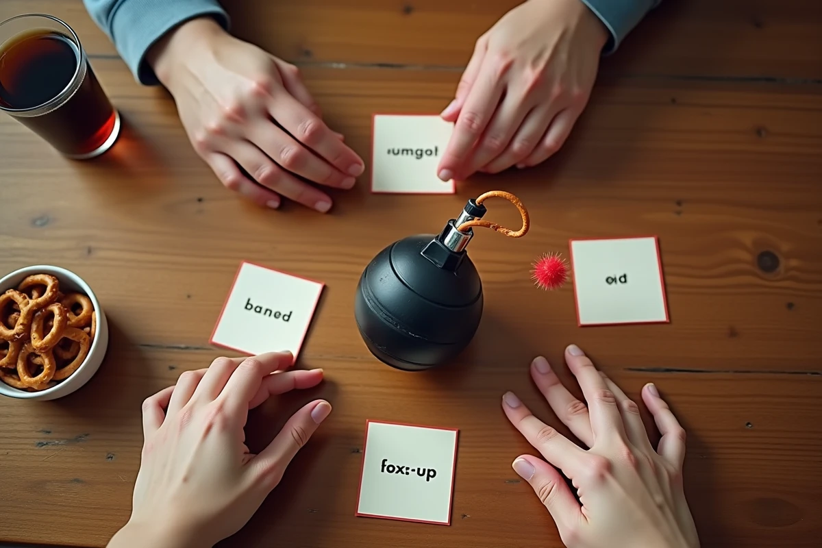 Vue aérienne d'une partie de Bomb Party avec buzzer, cartes de jeu et mains de joueurs autour d'une table en bois rustique