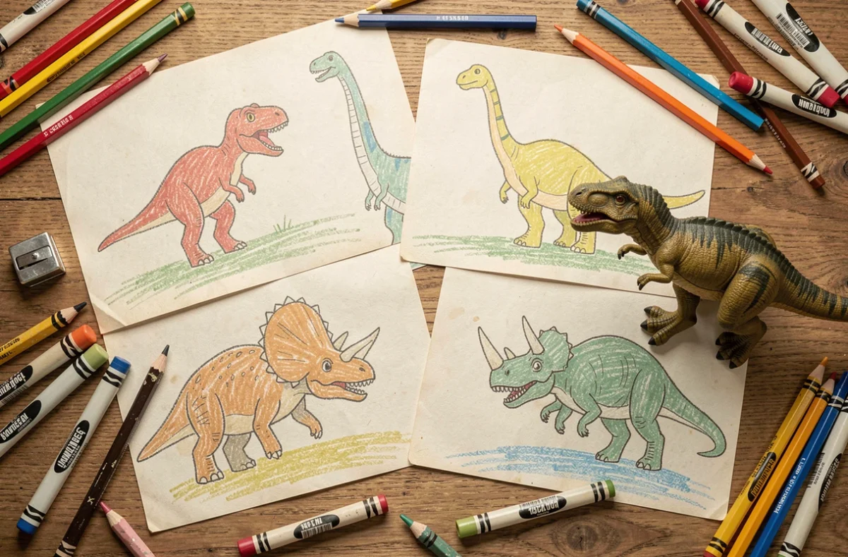 Vue de dessus d'une table avec des dessins de dinosaures d'enfants et des crayons de couleur éparpillés