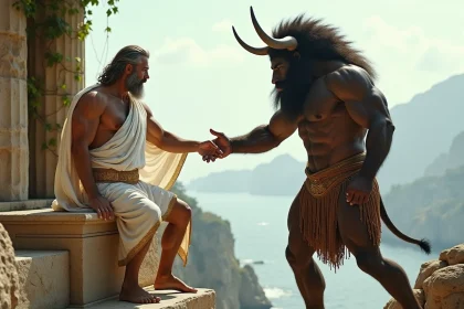 Zeus en toge blanche face au minotaure sur une falaise grecque